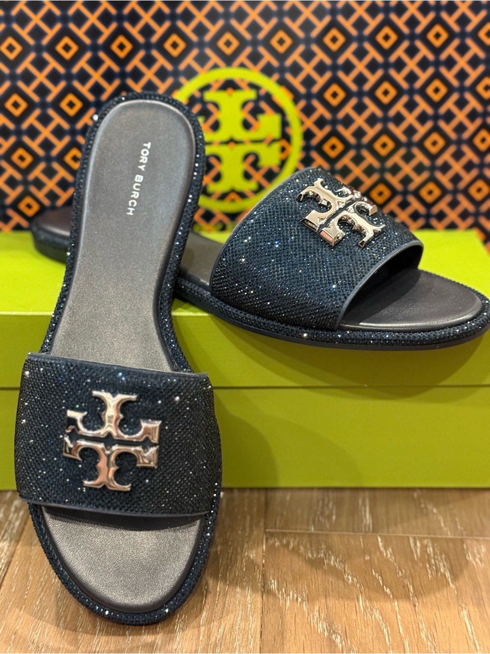Tory Burch Blue Everly Sparkling Suede Slide Sandals with Silver Tone Emblem